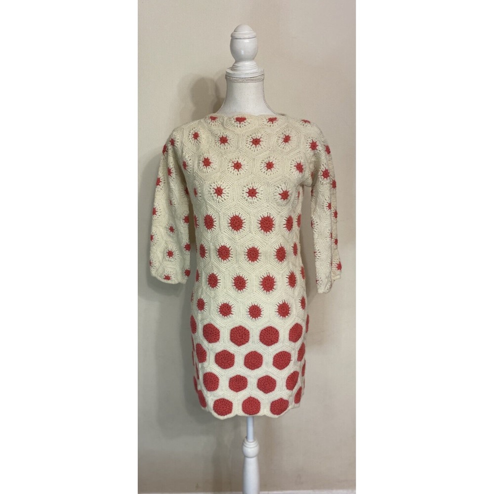 Vintage 60’s Handmade Knit Crochet Starburst 100% Wool Mini Shift Dress​ Small